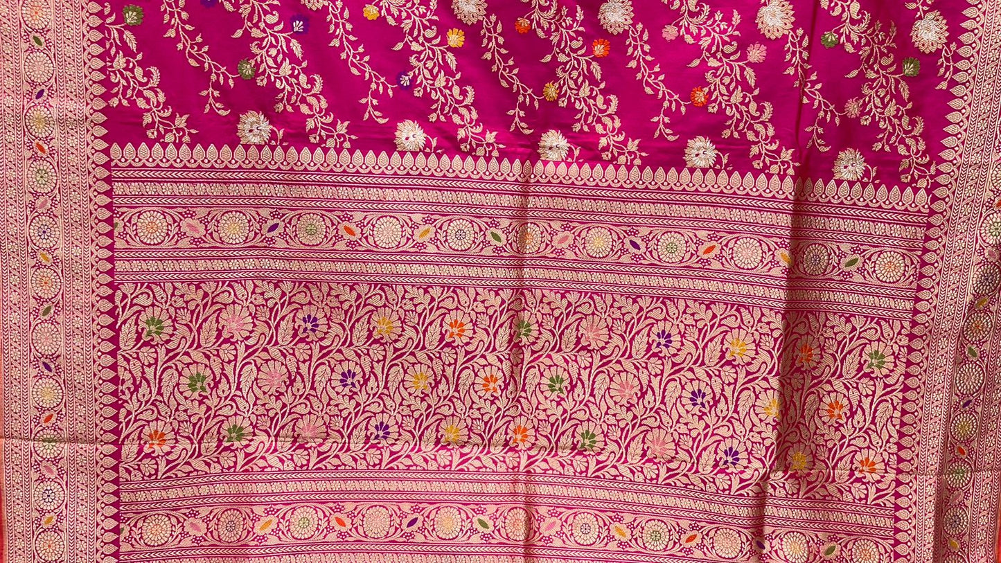 Faishana Pure Silk Handloom Katan Silk Pink Aada Kadhwa Meenakari Jangla Kadhwa Border with Pink Blouse
