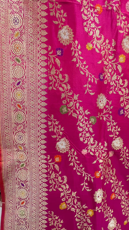 Faishana Pure Silk Handloom Katan Silk Pink Aada Kadhwa Meenakari Jangla Kadhwa Border with Pink Blouse