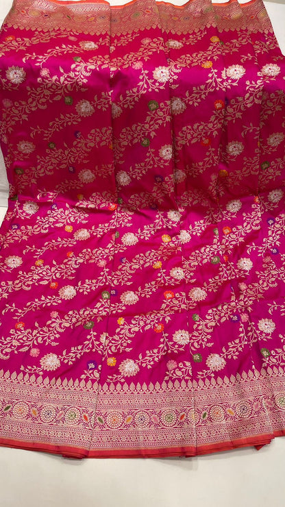Faishana Pure Silk Handloom Katan Silk Pink Aada Kadhwa Meenakari Jangla Kadhwa Border with Pink Blouse