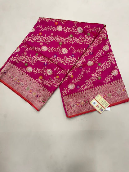 Faishana Pure Silk Handloom Katan Silk Pink Aada Kadhwa Meenakari Jangla Kadhwa Border with Pink Blouse