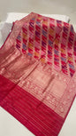 Faishana Pure Silk Handloom Red Rangkaat Diagonal Zari Color Block Kadhwa weaving Anchal Zari Border with Red Kadhwa Blouse Banarasi Saree
