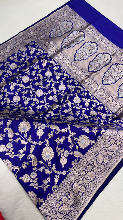 Faishana Pure Silk Handloom Royal Blue Uppada Saree with Silver Zari Mina Kadhwa Weaving Zari Jaal Border White Mina Anchal and Blue Kadhwa Blouse