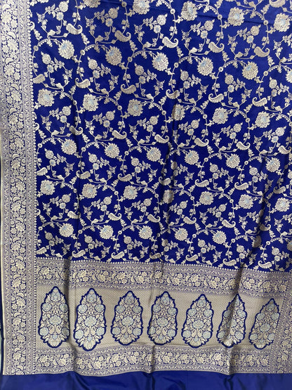 Faishana Pure Silk Handloom Royal Blue Uppada Saree with Silver Zari Mina Kadhwa Weaving Zari Jaal Border White Mina Anchal and Blue Kadhwa Blouse