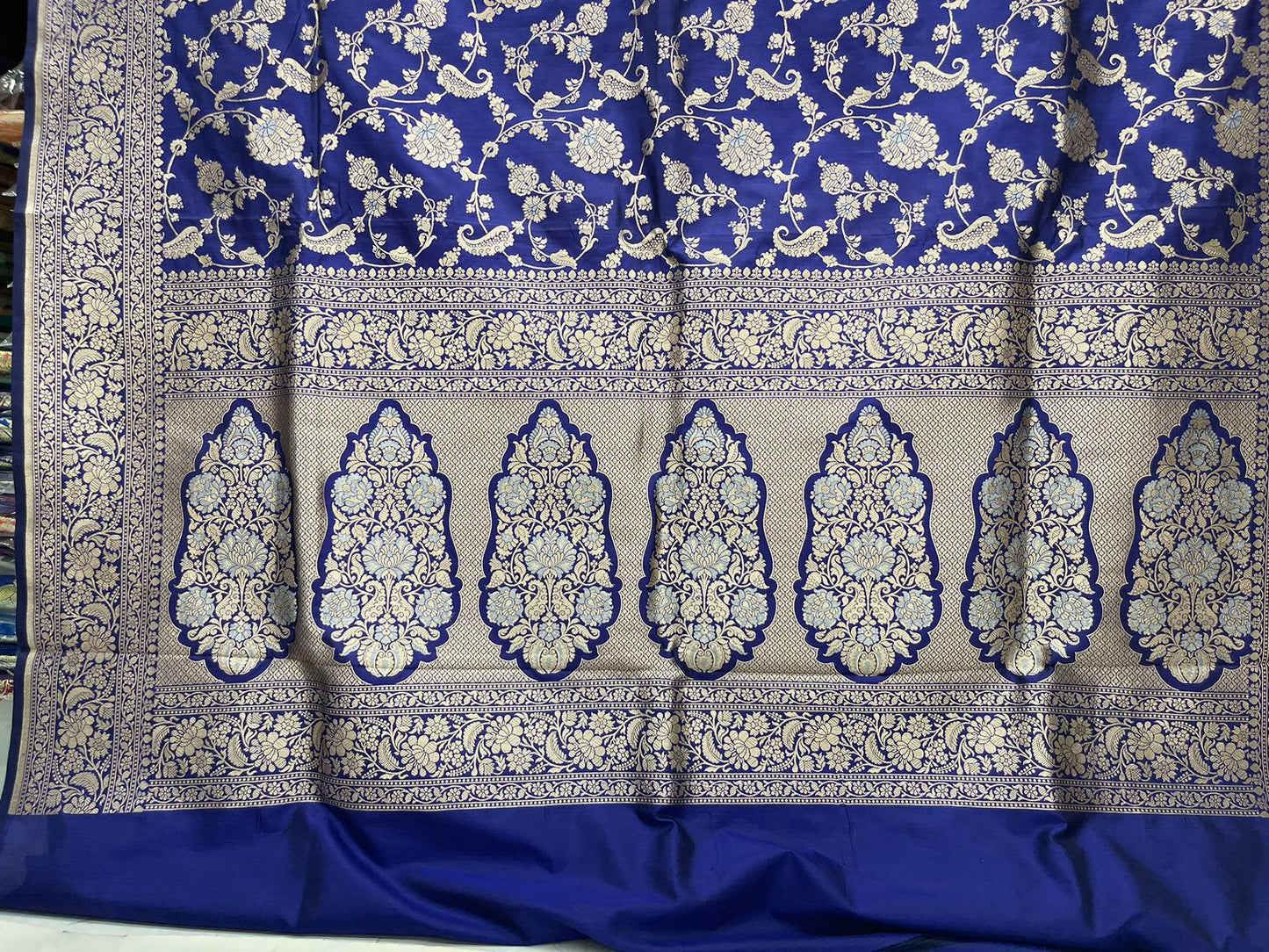 Faishana Pure Silk Handloom Royal Blue Uppada Saree with Silver Zari Mina Kadhwa Weaving Zari Jaal Border White Mina Anchal and Blue Kadhwa Blouse