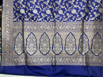 Faishana Pure Silk Handloom Royal Blue Uppada Saree with Silver Zari Mina Kadhwa Weaving Zari Jaal Border White Mina Anchal and Blue Kadhwa Blouse