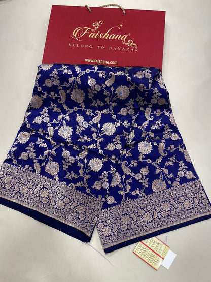 Faishana Pure Silk Handloom Royal Blue Uppada Saree with Silver Zari Mina Kadhwa Weaving Zari Jaal Border White Mina Anchal and Blue Kadhwa Blouse