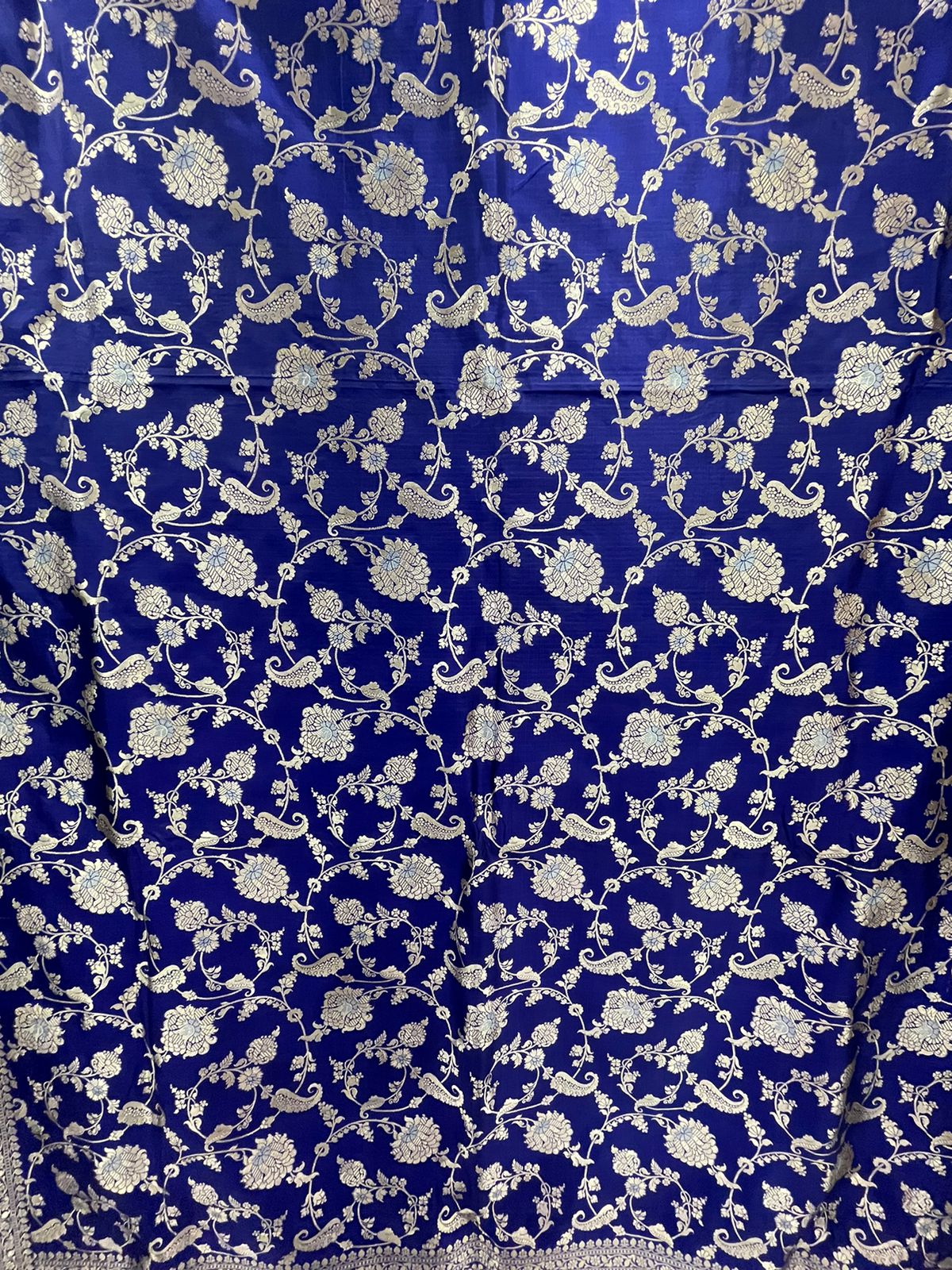 Faishana Pure Silk Handloom Royal Blue Uppada Saree with Silver Zari Mina Kadhwa Weaving Zari Jaal Border White Mina Anchal and Blue Kadhwa Blouse