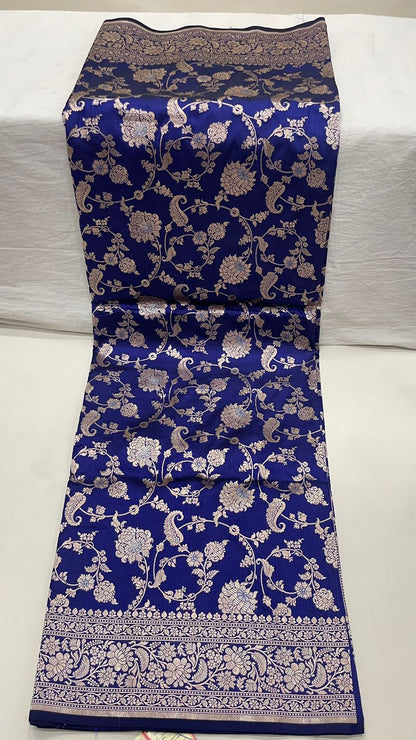 Faishana Pure Silk Handloom Royal Blue Uppada Saree with Silver Zari Mina Kadhwa Weaving Zari Jaal Border White Mina Anchal and Blue Kadhwa Blouse