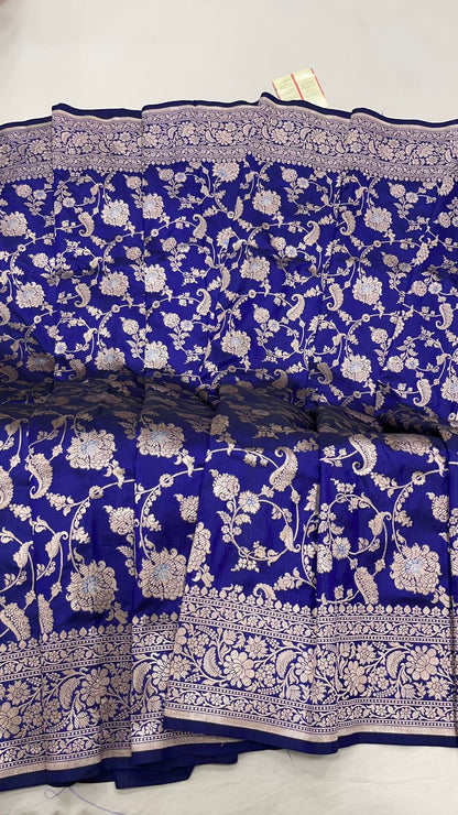 Faishana Pure Silk Handloom Royal Blue Uppada Saree with Silver Zari Mina Kadhwa Weaving Zari Jaal Border White Mina Anchal and Blue Kadhwa Blouse