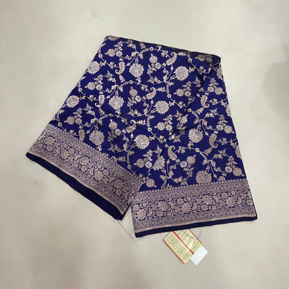 Faishana Pure Silk Handloom Royal Blue Uppada Saree with Silver Zari Mina Kadhwa Weaving Zari Jaal Border White Mina Anchal and Blue Kadhwa Blouse