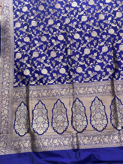 Faishana Pure Silk Handloom Royal Blue Uppada Saree with Silver Zari Mina Kadhwa Weaving Zari Jaal Border White Mina Anchal and Blue Kadhwa Blouse