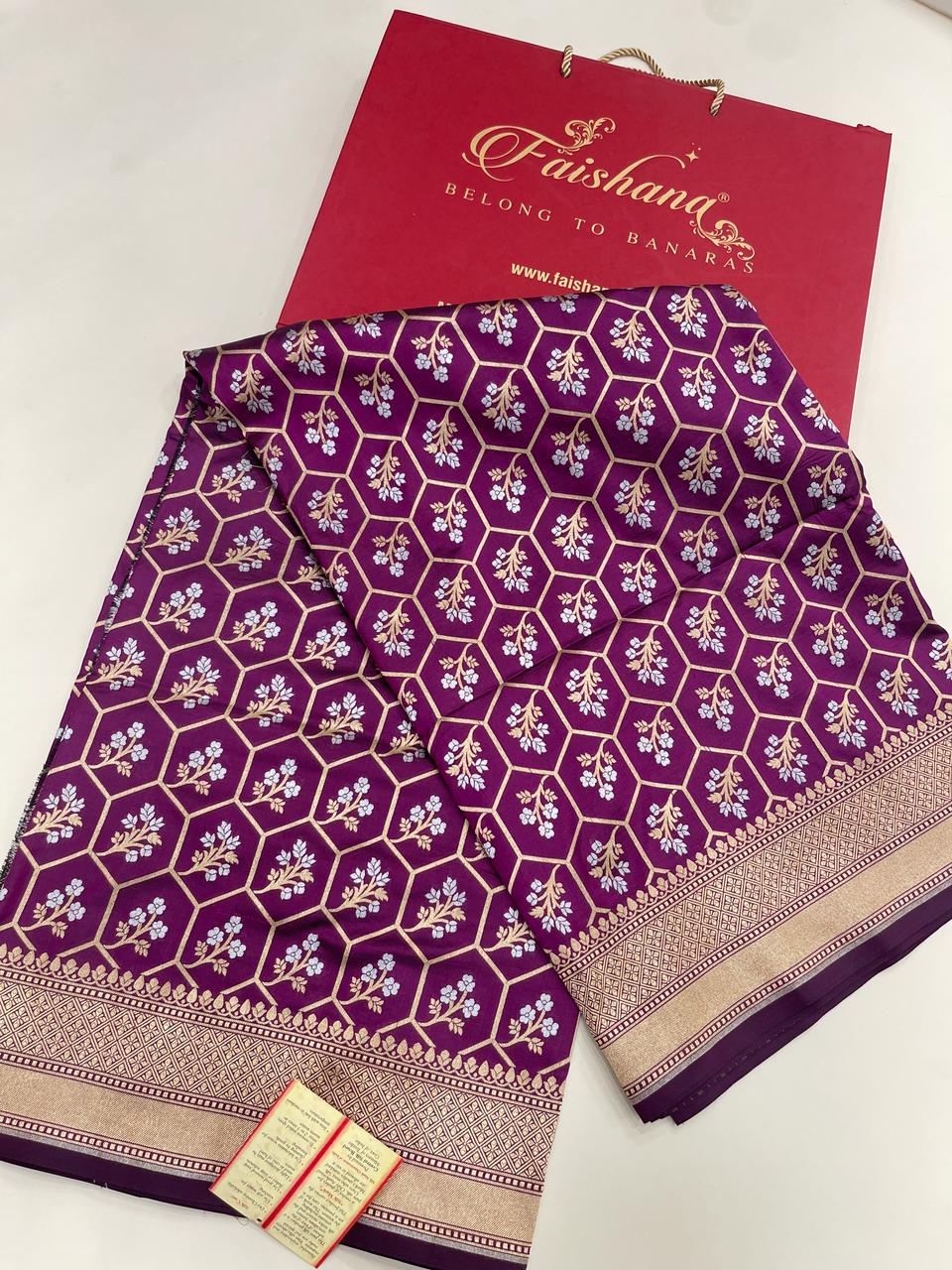Faishana Pure Silk Handloom Magenta Uppada Silk Silver Mina Zari with Golden Zari Border Alfi Jaal and Magenta Kadhwa Blouse Saree