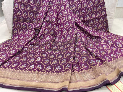 Faishana Pure Silk Handloom Magenta Uppada Silk Silver Mina Zari with Golden Zari Border Alfi Jaal and Magenta Kadhwa Blouse Saree