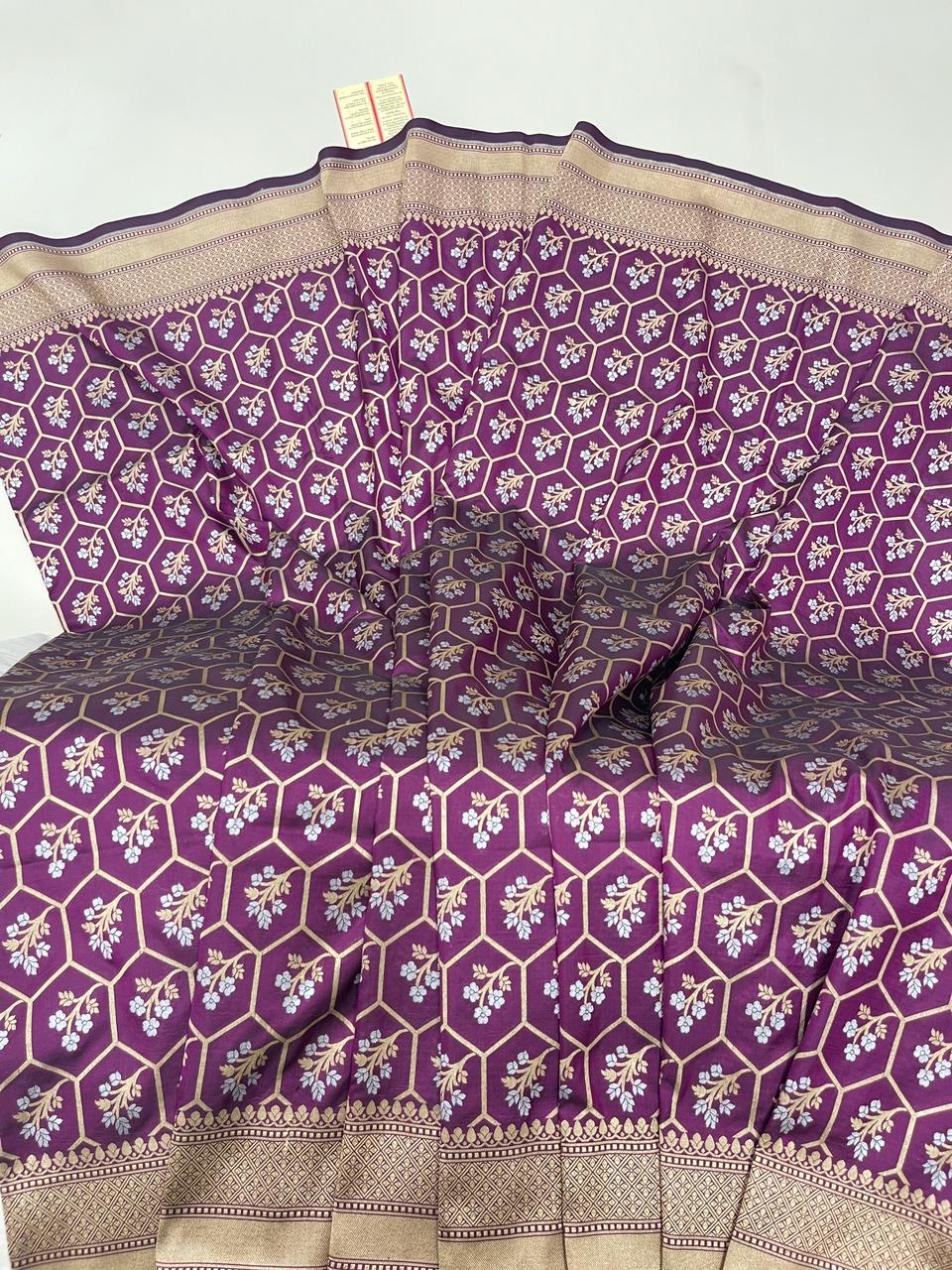 Faishana Pure Silk Handloom Magenta Uppada Silk Silver Mina Zari with Golden Zari Border Alfi Jaal and Magenta Kadhwa Blouse Saree