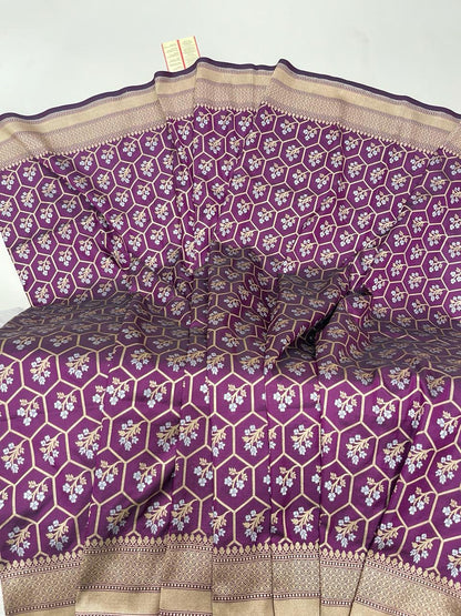 Faishana Pure Silk Handloom Magenta Uppada Silk Silver Mina Zari with Golden Zari Border Alfi Jaal and Magenta Kadhwa Blouse Saree