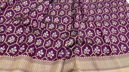 Faishana Pure Silk Handloom Magenta Uppada Silk Silver Mina Zari with Golden Zari Border Alfi Jaal and Magenta Kadhwa Blouse Saree