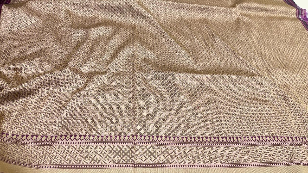 Faishana Pure Silk Handloom Magenta Uppada Silk Silver Mina Zari with Golden Zari Border Alfi Jaal and Magenta Kadhwa Blouse Saree
