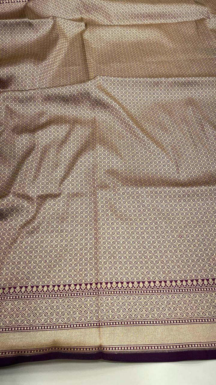 Faishana Pure Silk Handloom Magenta Uppada Silk Silver Mina Zari with Golden Zari Border Alfi Jaal and Magenta Kadhwa Blouse Saree