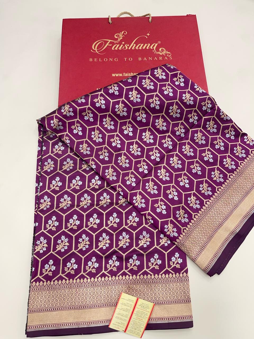 Faishana Pure Silk Handloom Magenta Uppada Silk Silver Mina Zari with Golden Zari Border Alfi Jaal and Magenta Kadhwa Blouse Saree
