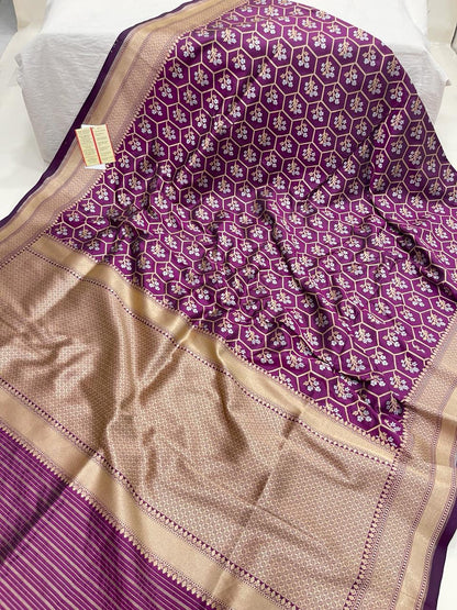 Faishana Pure Silk Handloom Magenta Uppada Silk Silver Mina Zari with Golden Zari Border Alfi Jaal and Magenta Kadhwa Blouse Saree