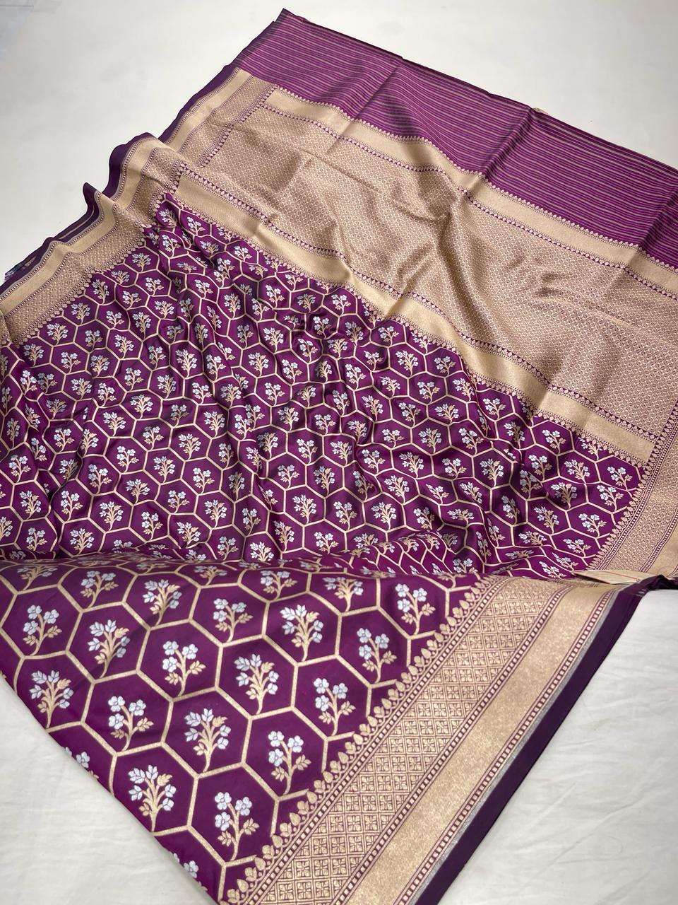 Faishana Pure Silk Handloom Magenta Uppada Silk Silver Mina Zari with Golden Zari Border Alfi Jaal and Magenta Kadhwa Blouse Saree