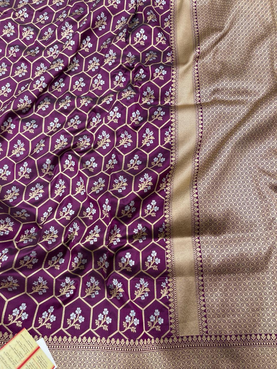 Faishana Pure Silk Handloom Magenta Uppada Silk Silver Mina Zari with Golden Zari Border Alfi Jaal and Magenta Kadhwa Blouse Saree