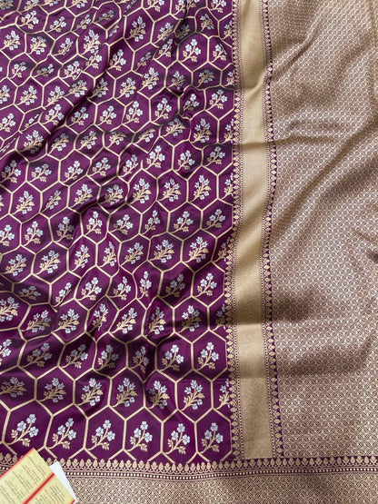 Faishana Pure Silk Handloom Magenta Uppada Silk Silver Mina Zari with Golden Zari Border Alfi Jaal and Magenta Kadhwa Blouse Saree