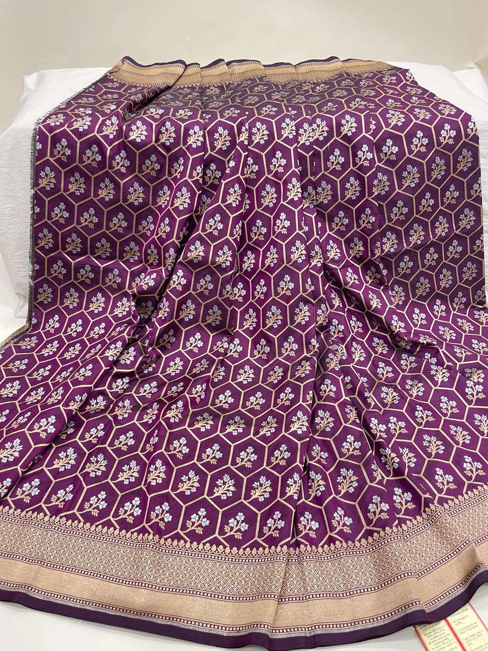 Faishana Pure Silk Handloom Magenta Uppada Silk Silver Mina Zari with Golden Zari Border Alfi Jaal and Magenta Kadhwa Blouse Saree