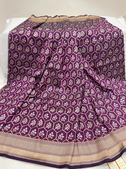 Faishana Pure Silk Handloom Magenta Uppada Silk Silver Mina Zari with Golden Zari Border Alfi Jaal and Magenta Kadhwa Blouse Saree