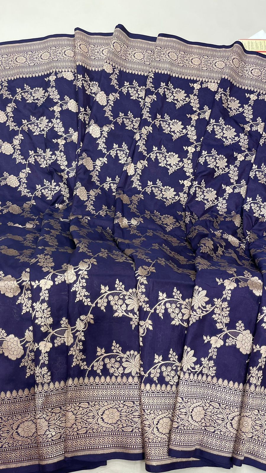 Faishana Pure Silk Handloom Uppada Navy Blue with Silver Zari Kadhwa Jaal Rich Pallu and Kadhwa Blouse Banarasi Saree