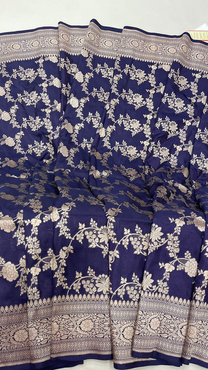 Faishana Pure Silk Handloom Uppada Navy Blue with Silver Zari Kadhwa Jaal Rich Pallu and Kadhwa Blouse Banarasi Saree
