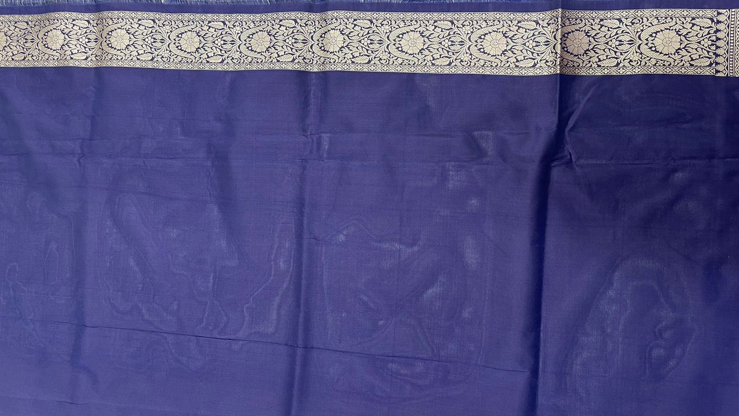 Faishana Pure Silk Handloom Uppada Navy Blue with Silver Zari Kadhwa Jaal Rich Pallu and Kadhwa Blouse Banarasi Saree
