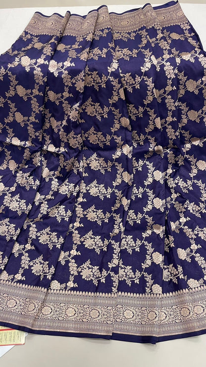 Faishana Pure Silk Handloom Uppada Navy Blue with Silver Zari Kadhwa Jaal Rich Pallu and Kadhwa Blouse Banarasi Saree