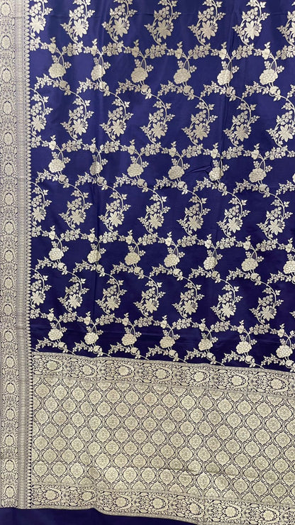 Faishana Pure Silk Handloom Uppada Navy Blue with Silver Zari Kadhwa Jaal Rich Pallu and Kadhwa Blouse Banarasi Saree
