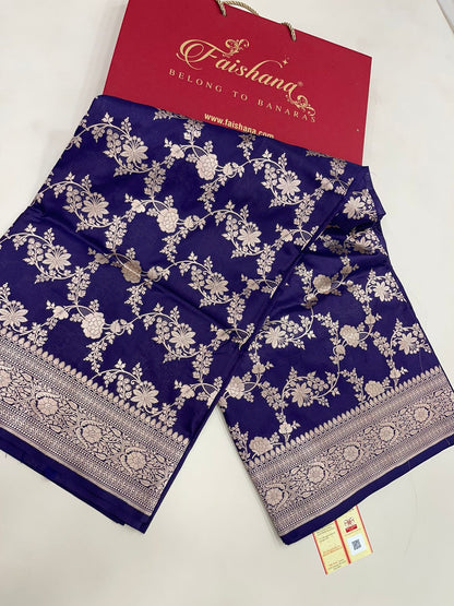 Faishana Pure Silk Handloom Uppada Navy Blue with Silver Zari Kadhwa Jaal Rich Pallu and Kadhwa Blouse Banarasi Saree