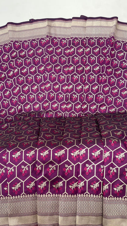 Faishana Presents Pure Handloom Magenta Uppada Silk Floral Pink Meena Jaal Design with Magenta Kadhwa Blouse Saree