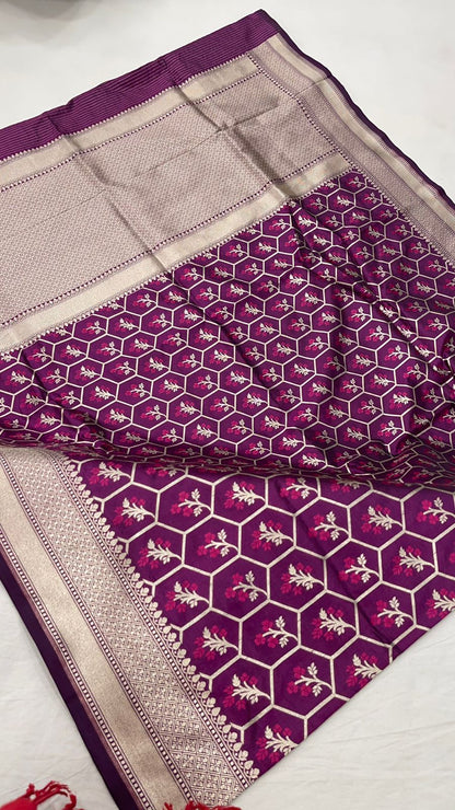Faishana Presents Pure Handloom Magenta Uppada Silk Floral Pink Meena Jaal Design with Magenta Kadhwa Blouse Saree