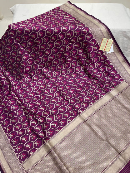 Faishana Presents Pure Handloom Magenta Uppada Silk Floral Pink Meena Jaal Design with Magenta Kadhwa Blouse Saree
