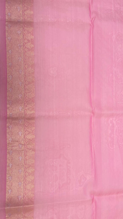 Faishana Pure Silk Handloom Kora Rangkaat Kadhwa Aada Booti with Tested Zari with Pink Kadhwa Blouse Banarasi Saree