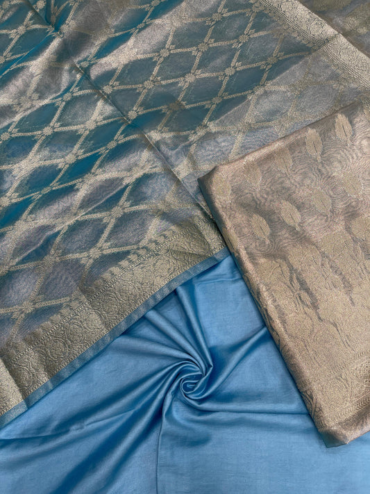 Faishana Sky Blue Tissue Silk Suit with Floral Zari Booti Plain Bottom & Checkered Stripe Dupatta SHL_100