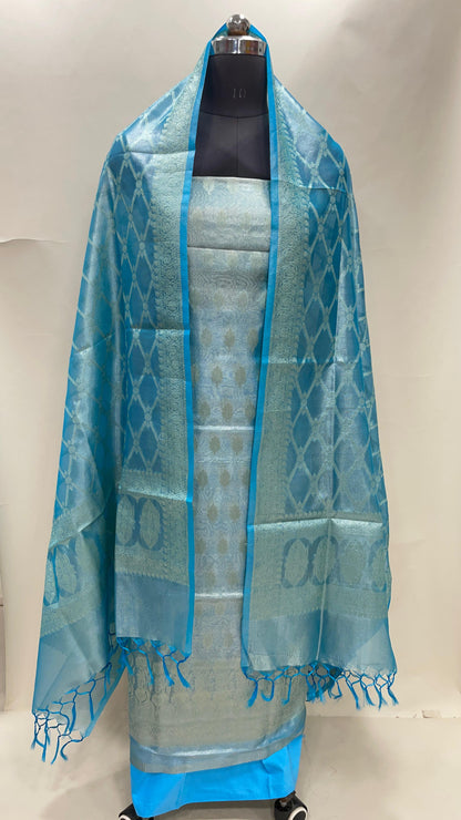 Faishana Sky Blue Tissue Silk Suit with Floral Zari Booti Plain Bottom & Checkered Stripe Dupatta SHL_100