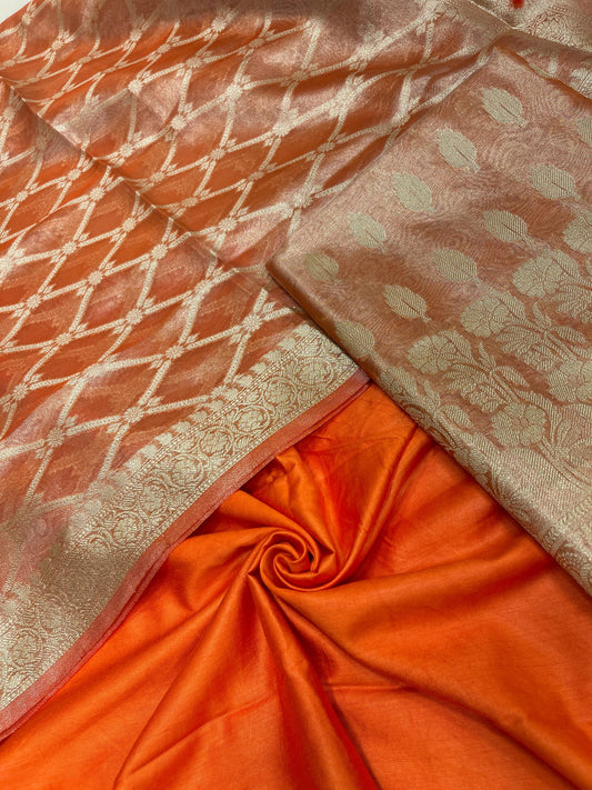 Faishana Orange Tissue Silk Suit with Floral Zari Booti Plain Bottom & Checkered Stripe Dupatta SHL_101