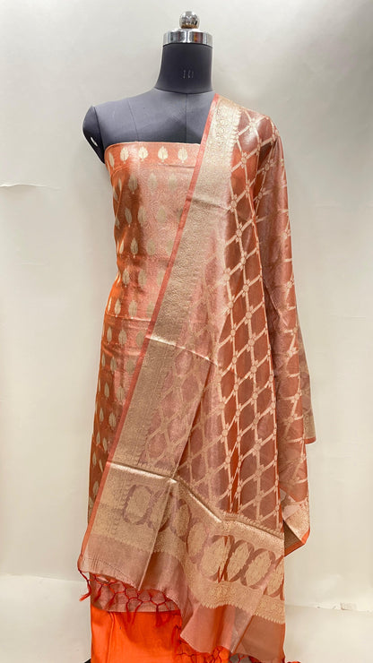 Faishana Orange Tissue Silk Suit with Floral Zari Booti Plain Bottom & Checkered Stripe Dupatta SHL_101