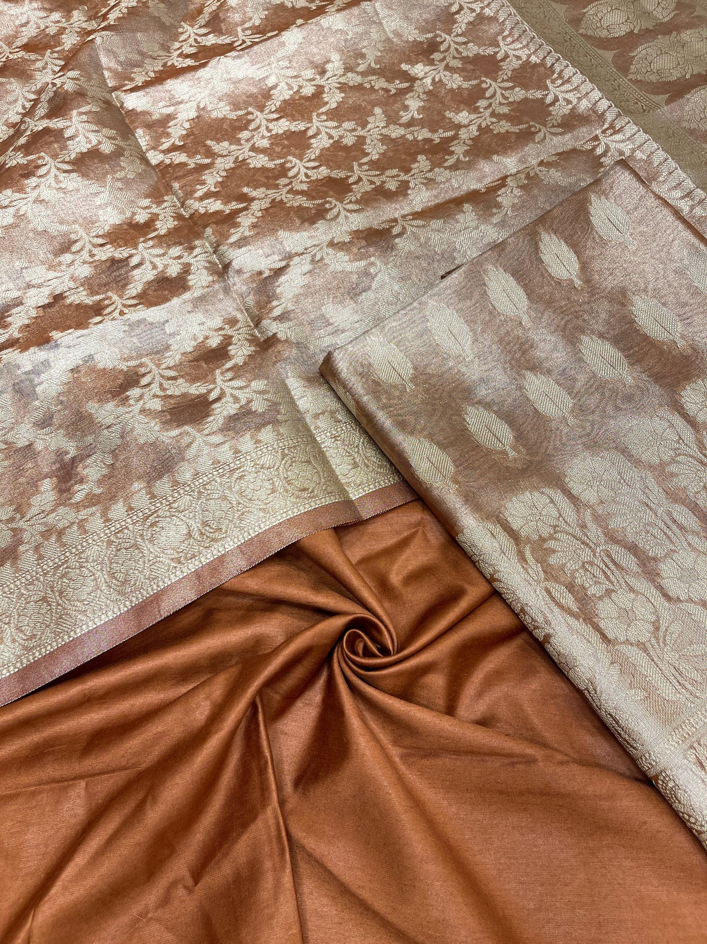 Faishana Brown Tissue Silk Suit with Floral Zari Booti Plain Bottom & Floral Zari Jaal Dupatta SHL_102