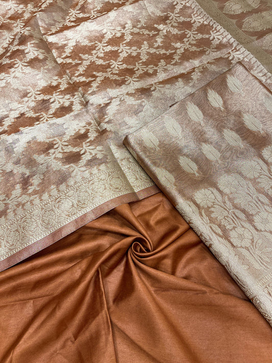 Faishana Brown Tissue Silk Suit with Floral Zari Booti Plain Bottom & Floral Zari Jaal Dupatta SHL_102