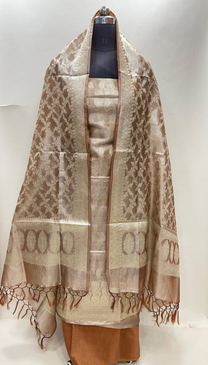 Faishana Brown Tissue Silk Suit with Floral Zari Booti Plain Bottom & Floral Zari Jaal Dupatta SHL_102