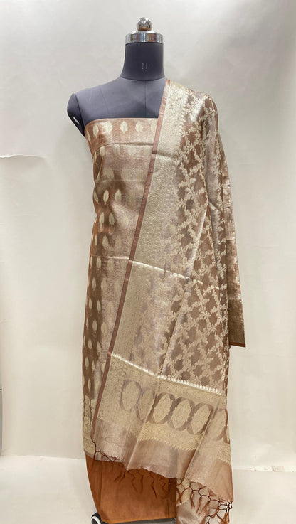 Faishana Brown Tissue Silk Suit with Floral Zari Booti Plain Bottom & Floral Zari Jaal Dupatta SHL_102