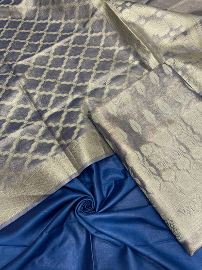 Faishana Sky Blue Tissue Silk Suit with Floral Zari Booti Plain Bottom & Checkered Jaal Dupatta SHL_103