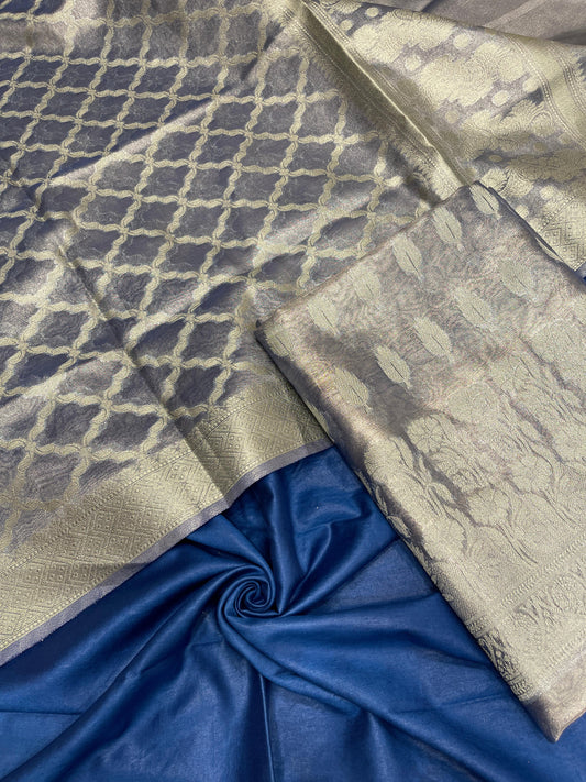 Faishana Sky Blue Tissue Silk Suit with Floral Zari Booti Plain Bottom & Checkered Jaal Dupatta SHL_103
