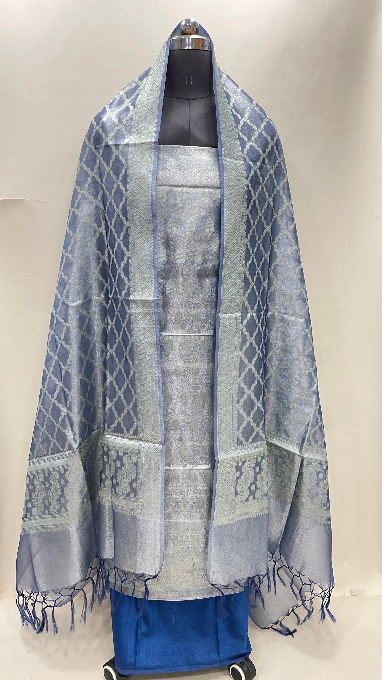 Faishana Sky Blue Tissue Silk Suit with Floral Zari Booti Plain Bottom & Checkered Jaal Dupatta SHL_103